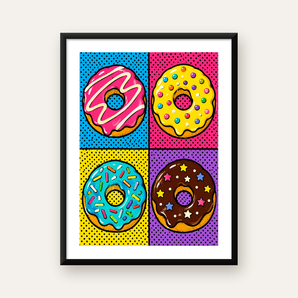 Pop Art Renkli Donutlar Poster - Dijital İllüstrasyon — Dikey baskı, beyaz paspartulu
