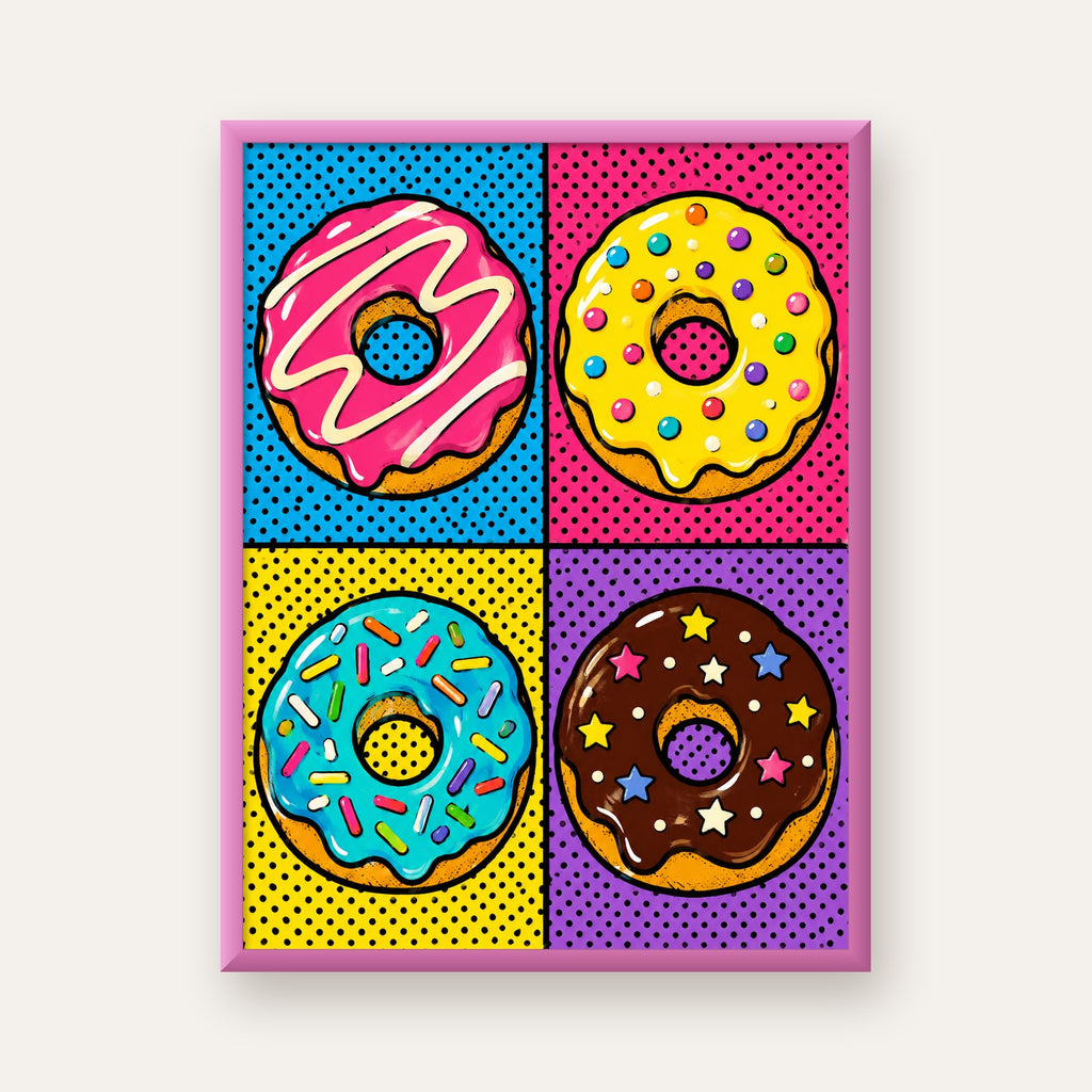 Pop Art Renkli Donutlar Poster - Dijital İllüstrasyon — pembe çerçeveli