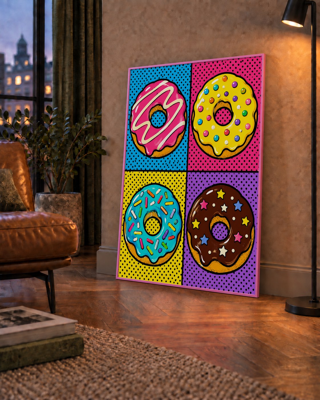 Pop Art Renkli Donutlar Poster - Dijital İllüstrasyon — çerçeveli hâliyle bir ev duvarında