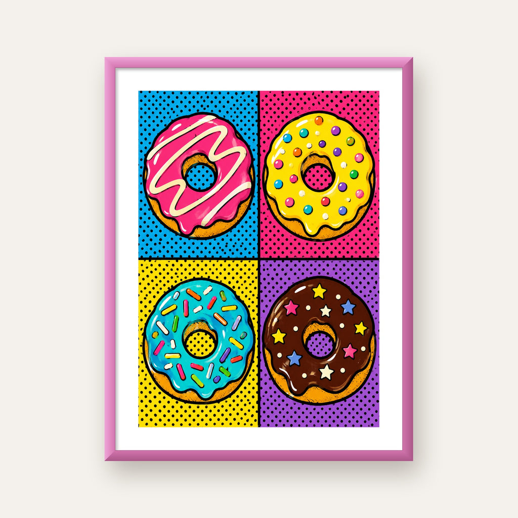 Pop Art Renkli Donutlar Poster - Dijital İllüstrasyon — pembe çerçeveli paspartulu