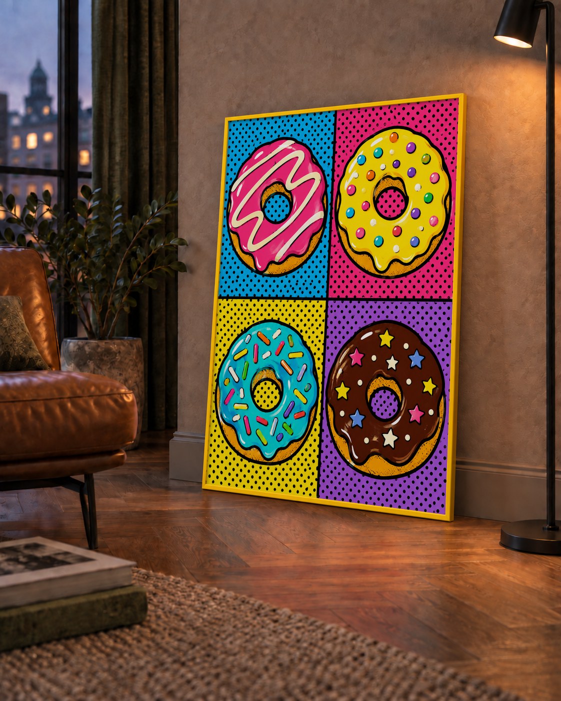 Pop Art Renkli Donutlar Poster - Dijital İllüstrasyon — çerçeveli hâliyle bir ev duvarında