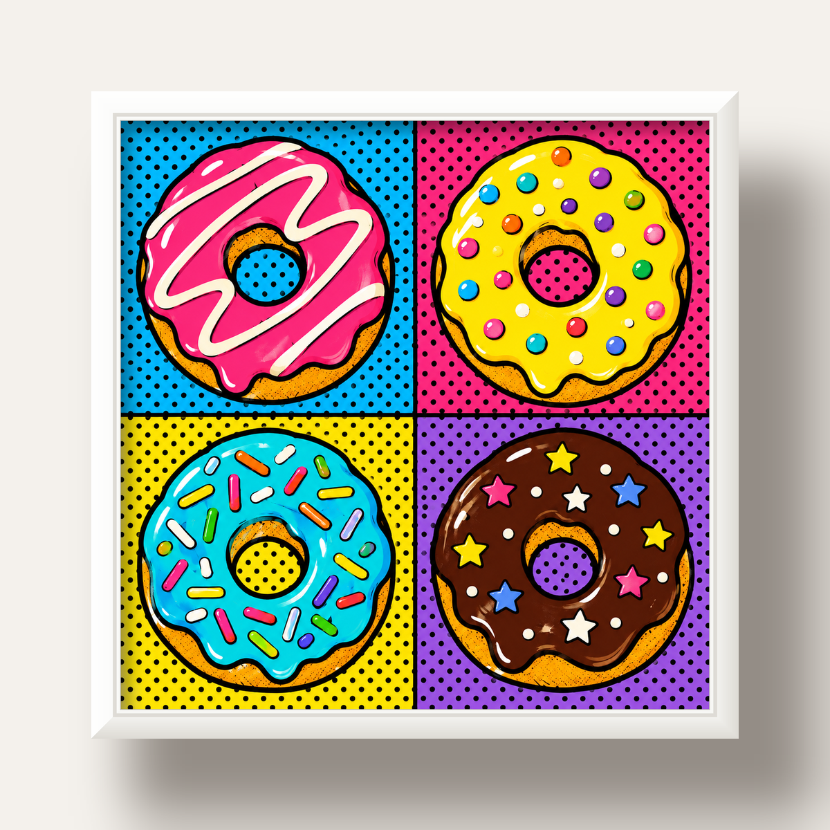 Pop Art Renkli Donutlar Poster - Dijital İllüstrasyon — beyaz derin çerçeveli