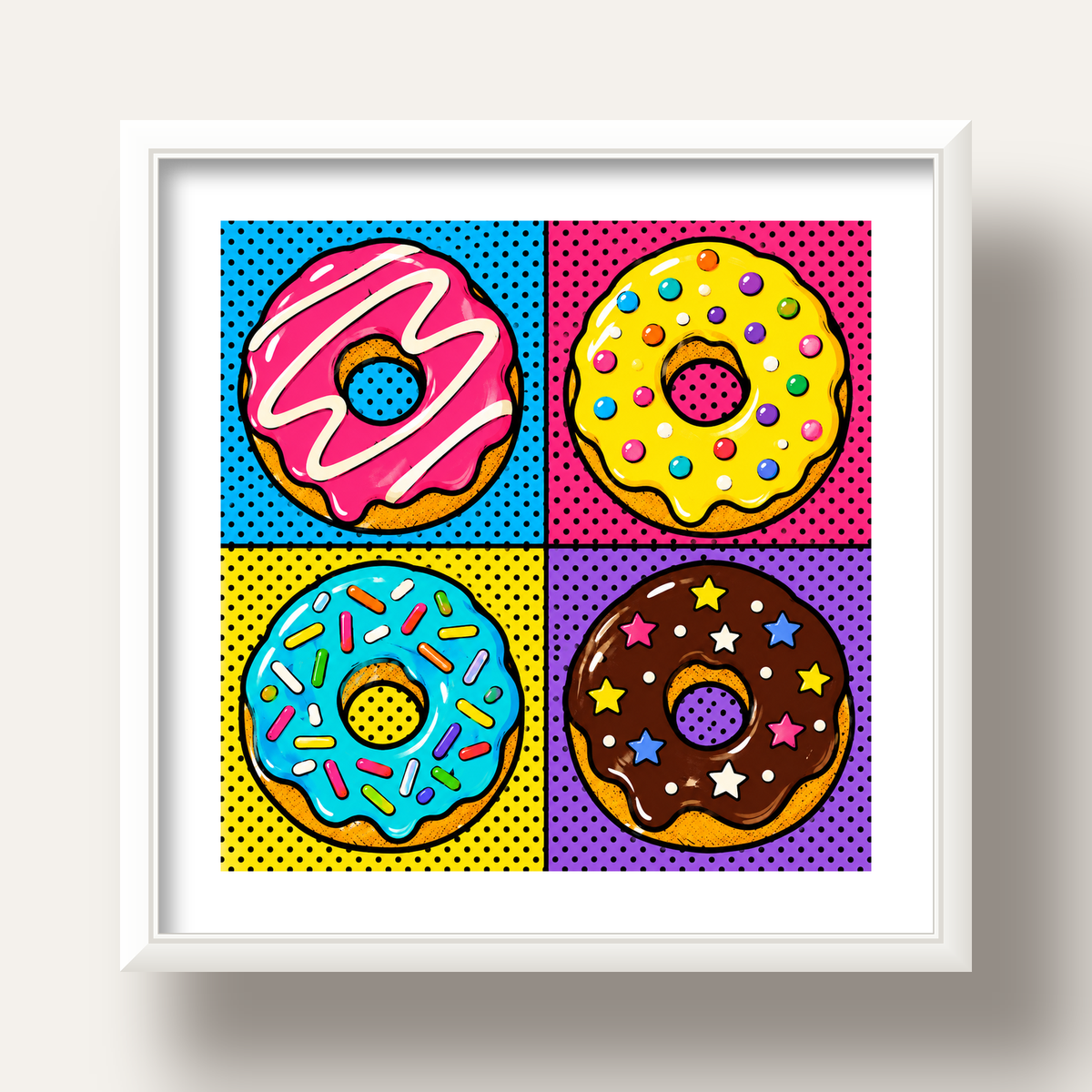 Pop Art Renkli Donutlar Poster - Dijital İllüstrasyon — beyaz derin çerçeveli paspartulu