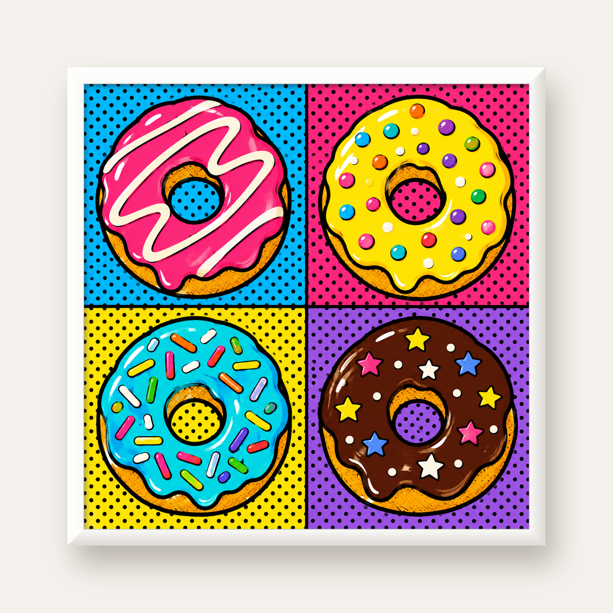 Pop Art Renkli Donutlar Poster - Dijital İllüstrasyon — beyaz çerçeveli kare poster