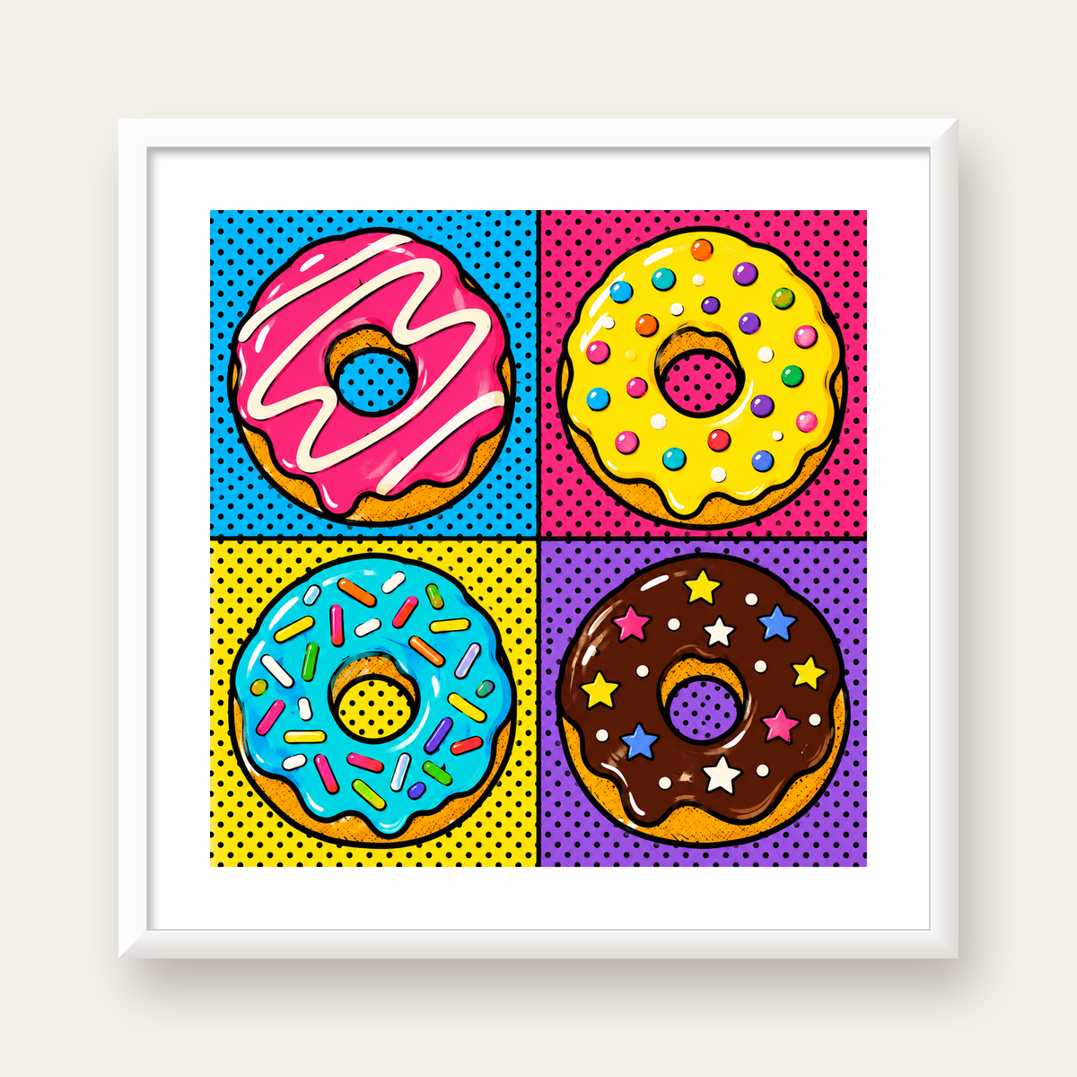 Pop Art Renkli Donutlar Poster - Dijital İllüstrasyon — beyaz çerçeveli kare poster