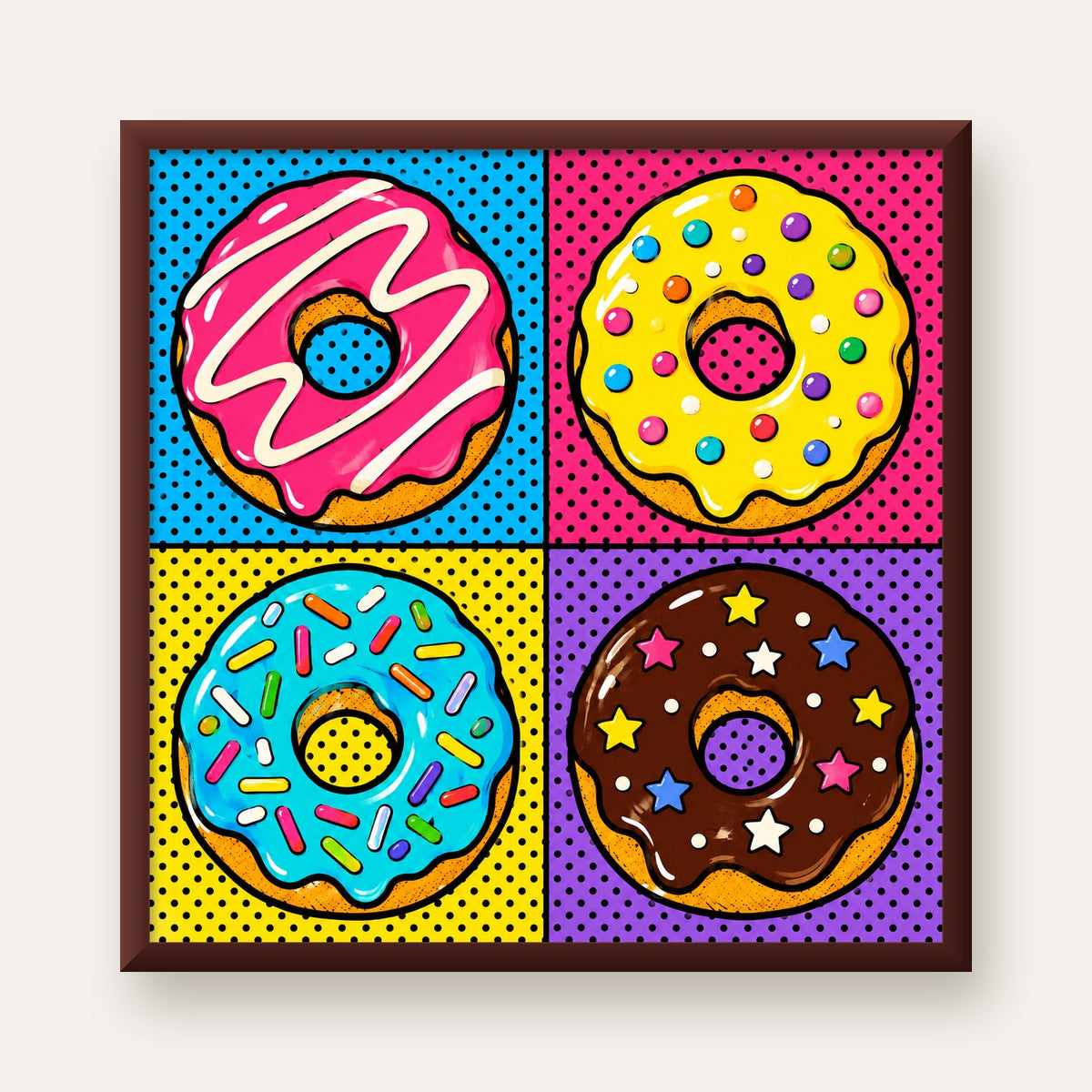 Pop Art Renkli Donutlar Poster - Dijital İllüstrasyon — ceviz çerçeveli