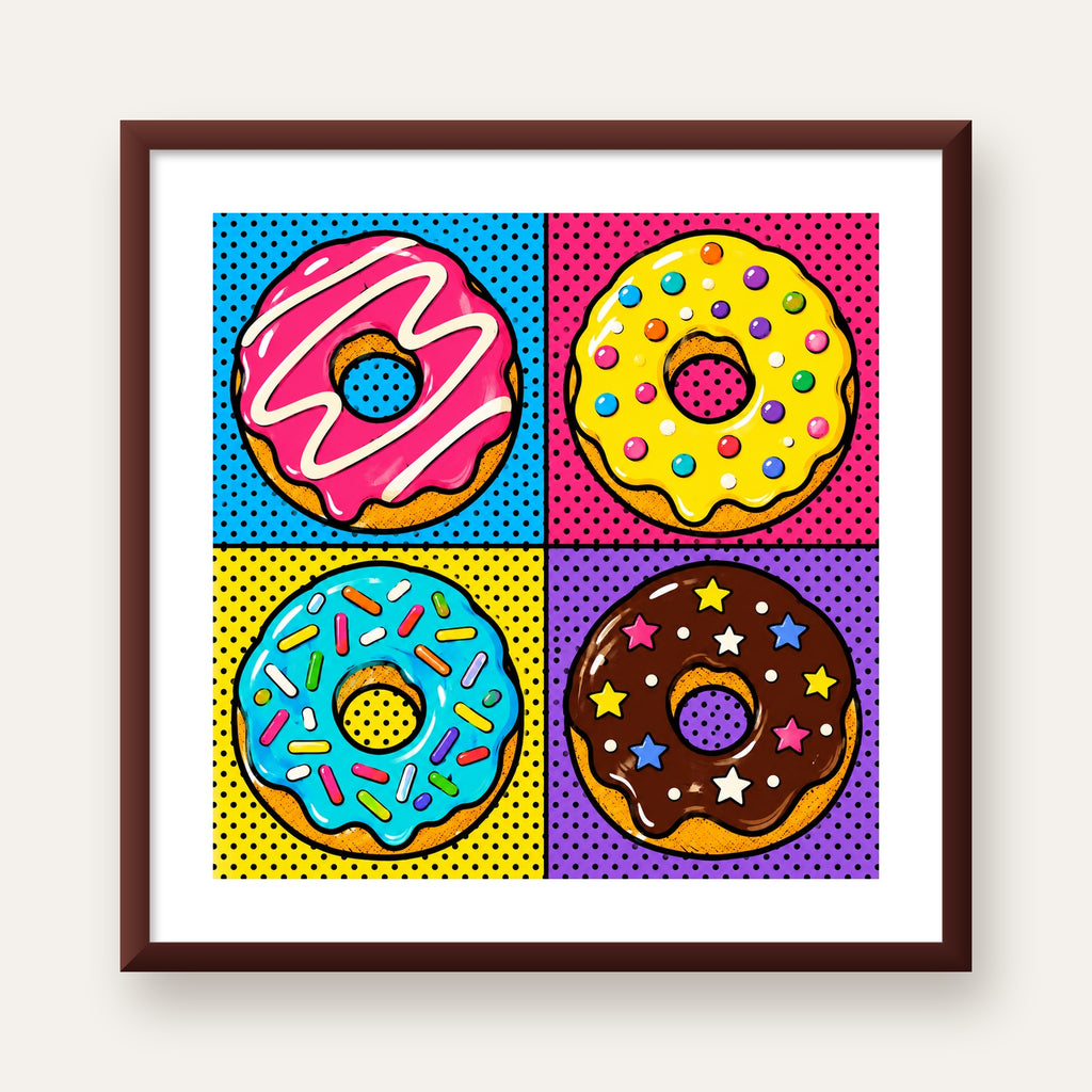 Pop Art Renkli Donutlar Poster - Dijital İllüstrasyon — ceviz çerçeveli paspartulu