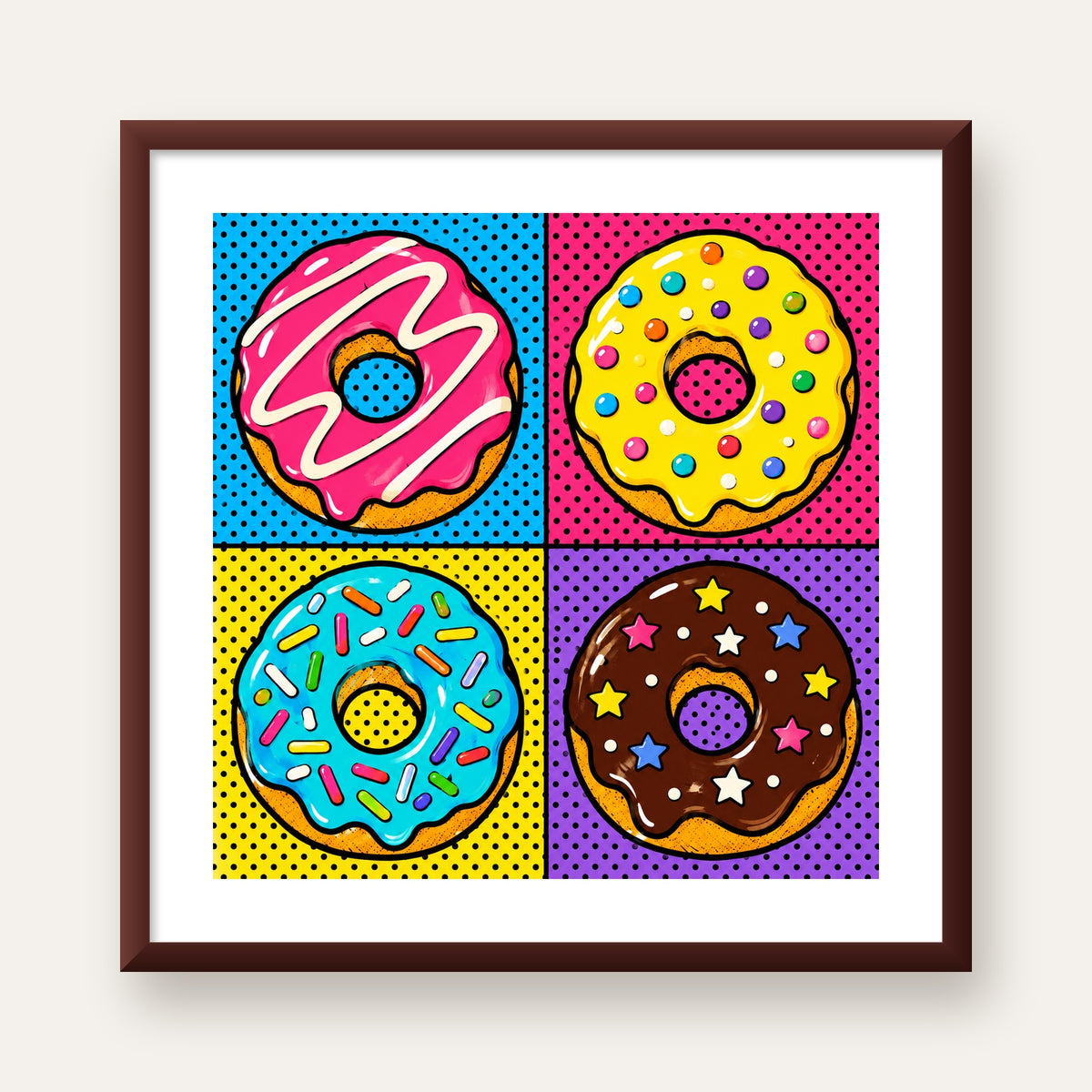 Pop Art Renkli Donutlar Poster - Dijital İllüstrasyon — ceviz çerçeveli paspartulu