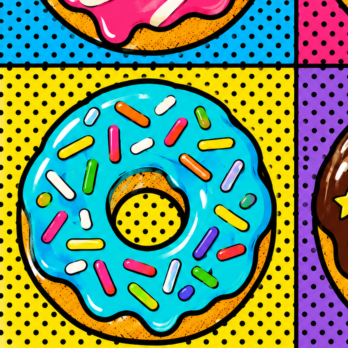 Pop Art Renkli Donutlar Poster - Dijital İllüstrasyon — baskının yakın çekimi, kâğıt dokusu ve renk detayı