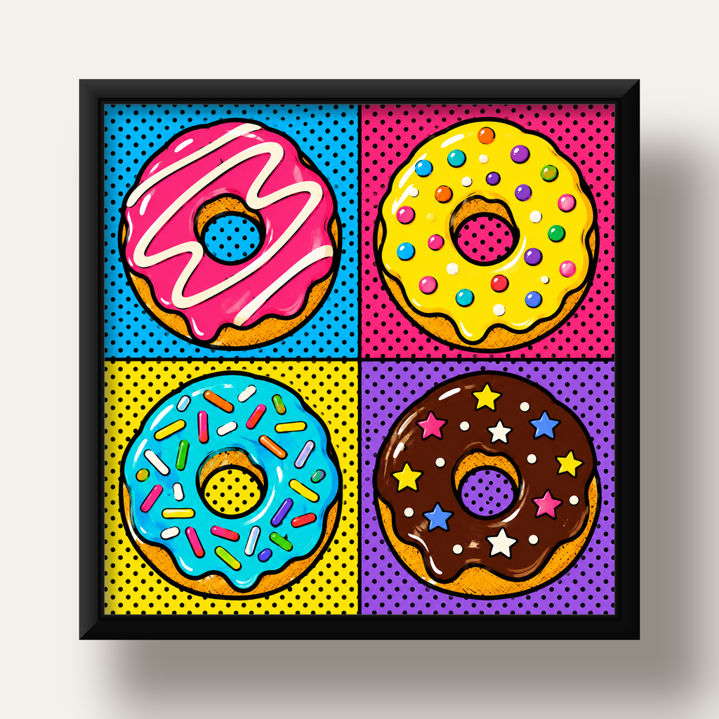 Pop Art Renkli Donutlar Poster - Dijital İllüstrasyon — siyah derin çerçeveli