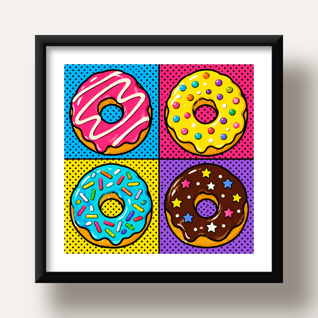 Pop Art Renkli Donutlar Poster - Dijital İllüstrasyon — siyah derin çerçeveli paspartulu