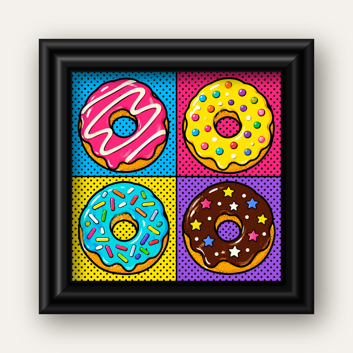 Pop Art Renkli Donutlar Poster - Dijital İllüstrasyon — siyah galeri çerçeveli