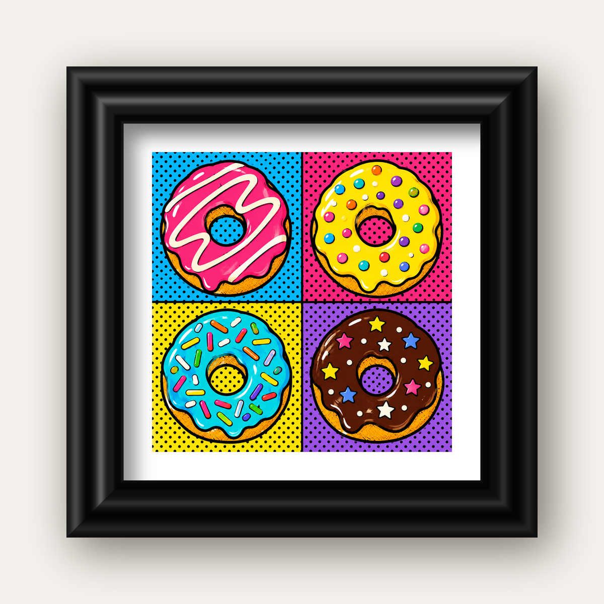 Pop Art Renkli Donutlar Poster - Dijital İllüstrasyon — siyah galeri çerçeveli paspartulu