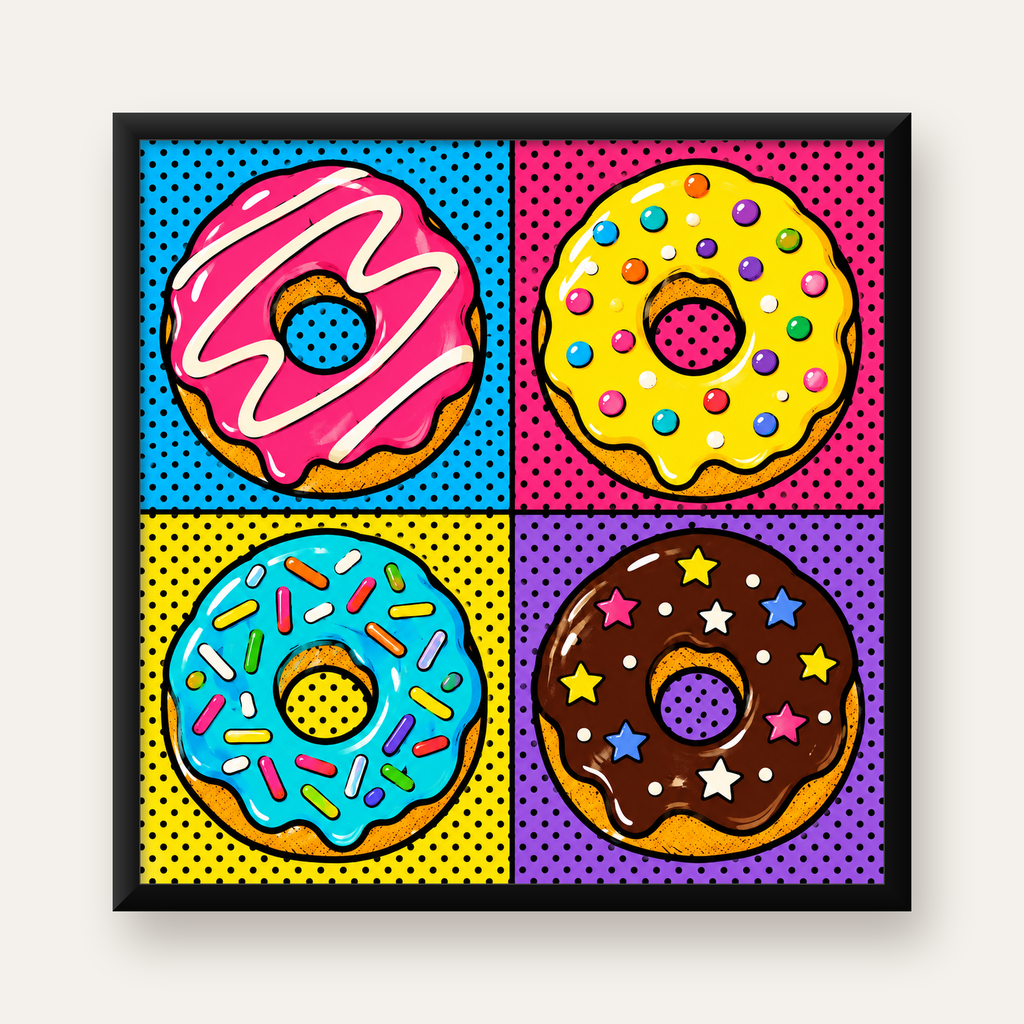 Pop Art Renkli Donutlar Poster - Dijital İllüstrasyon — Kare baskı, düz siyah çerçeveli duvar posteri
