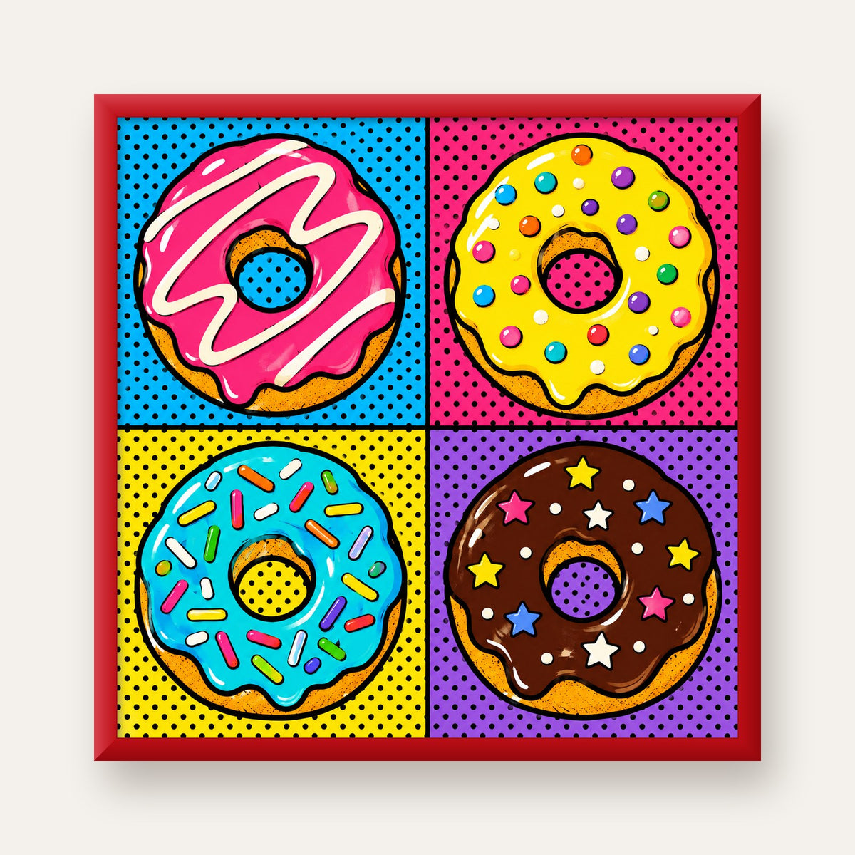Pop Art Renkli Donutlar Poster - Dijital İllüstrasyon — kırmızı çerçeveli
