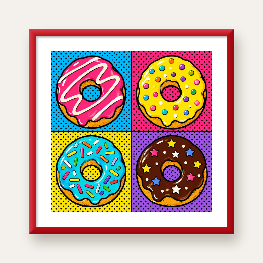 Pop Art Renkli Donutlar Poster - Dijital İllüstrasyon — kırmızı çerçeveli paspartulu