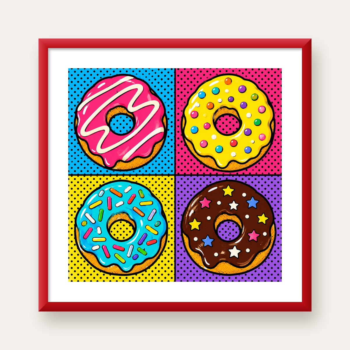 Pop Art Renkli Donutlar Poster - Dijital İllüstrasyon — kırmızı çerçeveli paspartulu