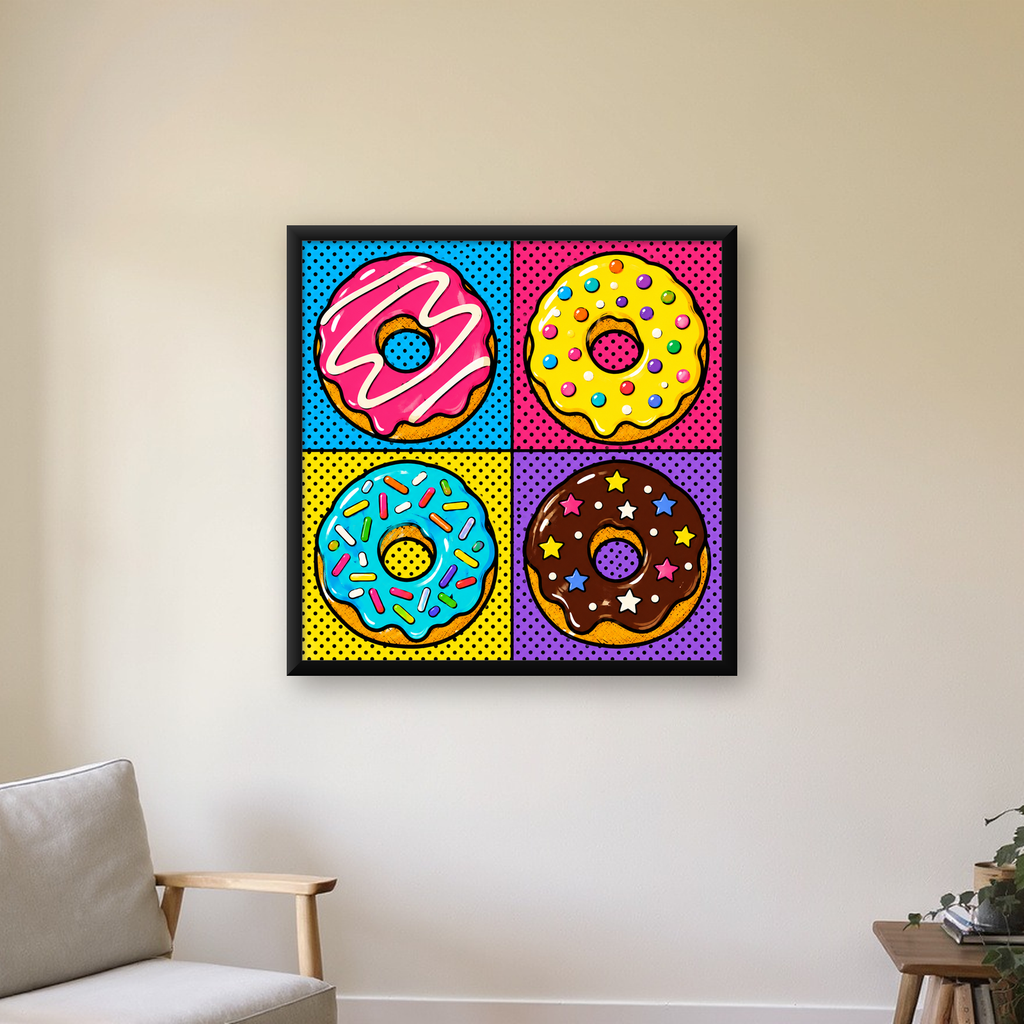 Pop Art Renkli Donutlar Poster - Dijital İllüstrasyon — Kare baskı, çerçeveli hâliyle bir ev duvarında