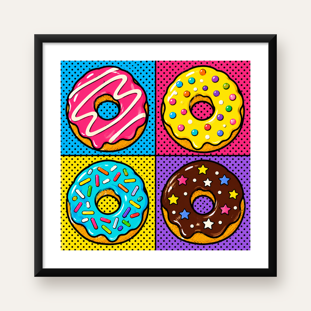 Pop Art Renkli Donutlar Poster - Dijital İllüstrasyon — Kare baskı, beyaz paspartulu