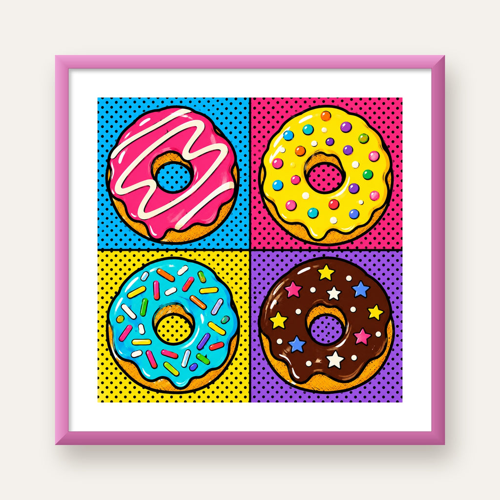 Pop Art Renkli Donutlar Poster - Dijital İllüstrasyon — pembe çerçeveli paspartulu