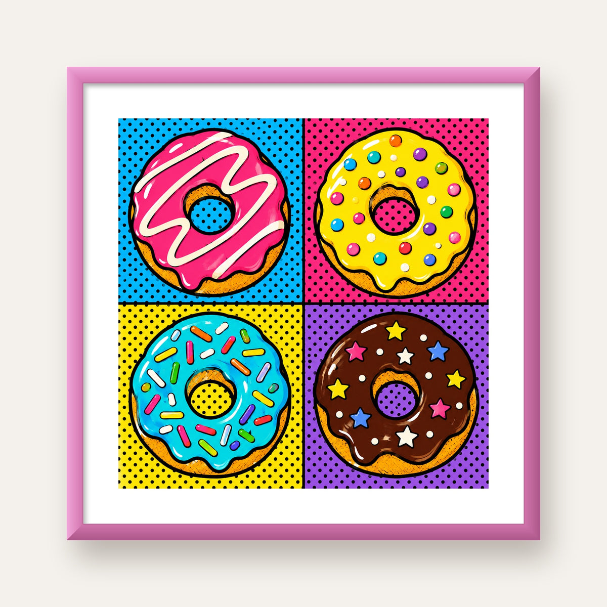 Pop Art Renkli Donutlar Poster - Dijital İllüstrasyon — pembe çerçeveli paspartulu