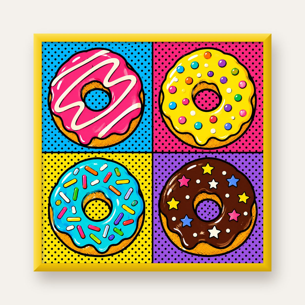 Pop Art Renkli Donutlar Poster - Dijital İllüstrasyon — sarı çerçeveli