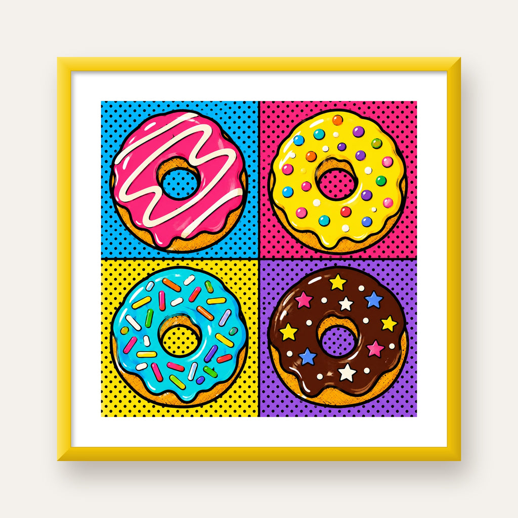 Pop Art Renkli Donutlar Poster - Dijital İllüstrasyon — sarı çerçeveli paspartulu