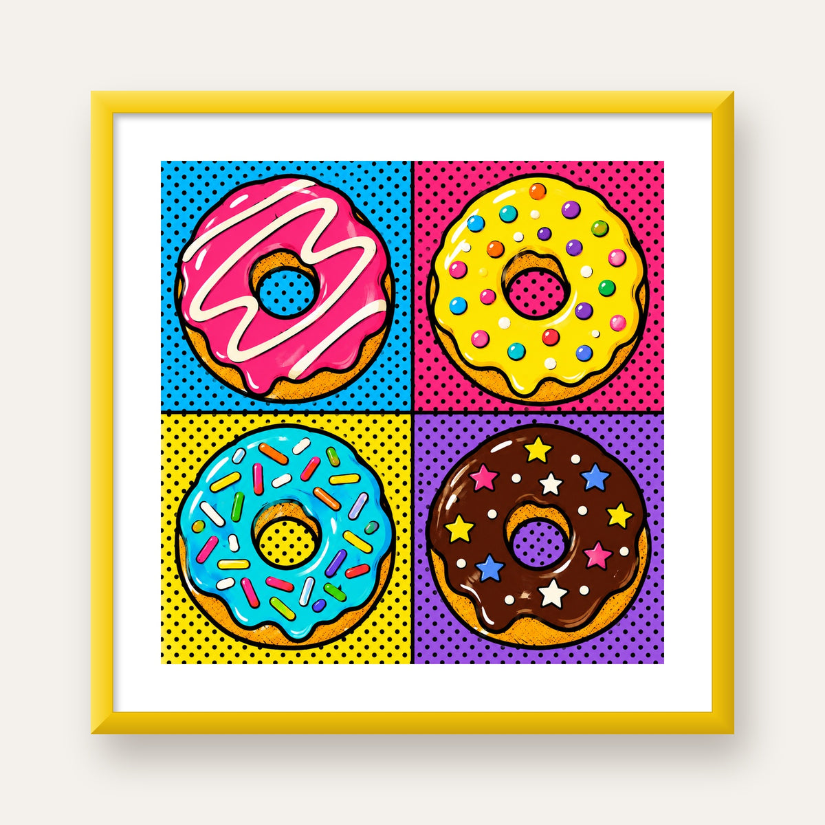 Pop Art Renkli Donutlar Poster - Dijital İllüstrasyon — sarı çerçeveli paspartulu