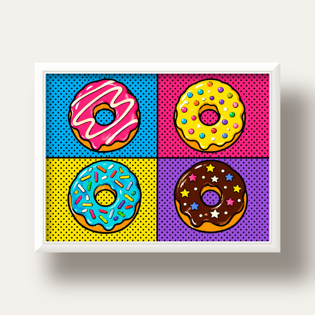 Pop Art Renkli Donutlar Poster - Dijital İllüstrasyon — beyaz derin çerçeveli