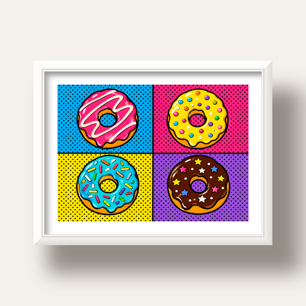 Pop Art Renkli Donutlar Poster - Dijital İllüstrasyon — beyaz derin çerçeveli paspartulu