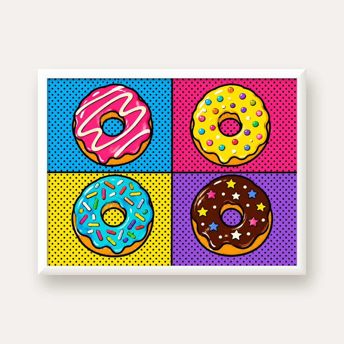 Pop Art Renkli Donutlar Poster - Dijital İllüstrasyon — beyaz çerçeveli yatay poster