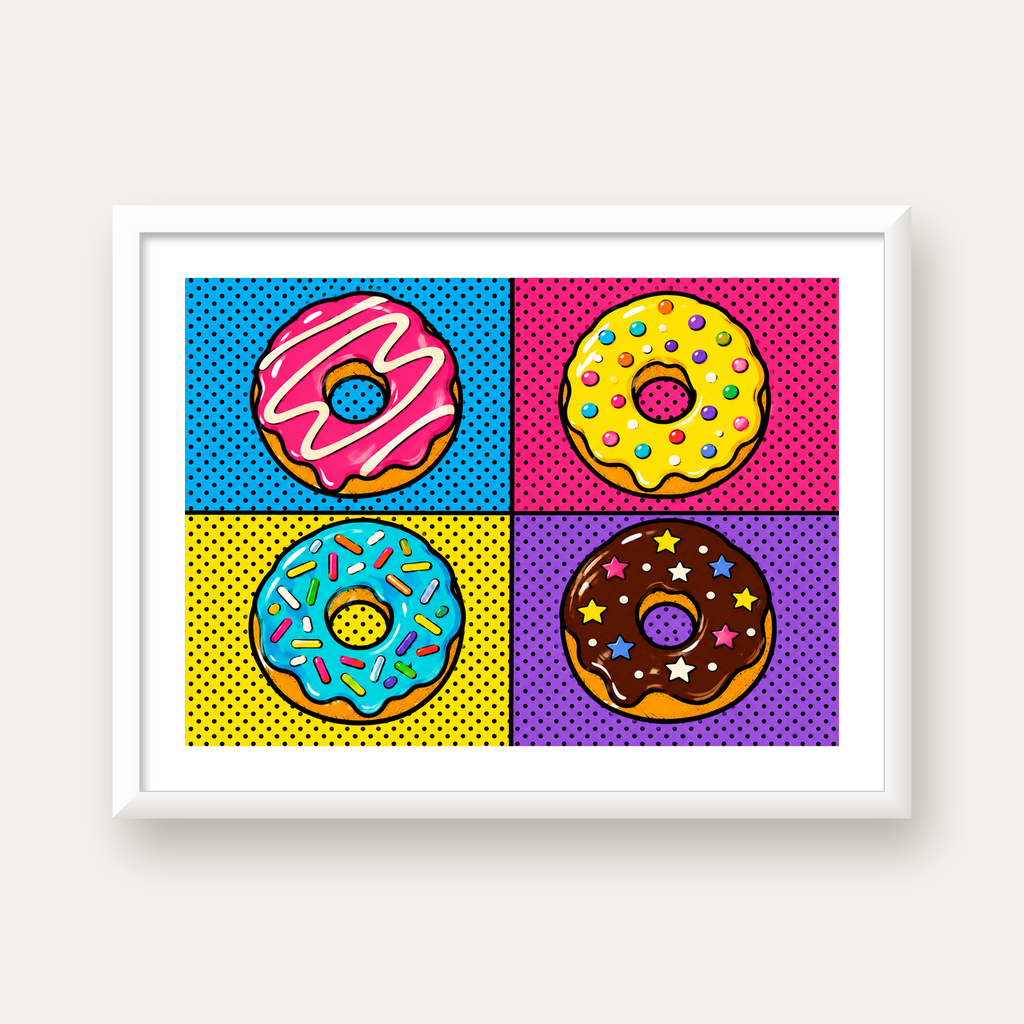 Pop Art Renkli Donutlar Poster - Dijital İllüstrasyon — beyaz çerçeveli yatay poster