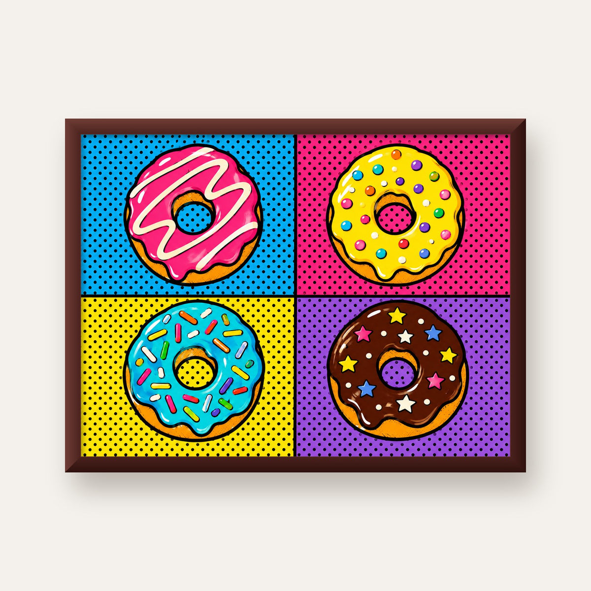 Pop Art Renkli Donutlar Poster - Dijital İllüstrasyon — ceviz çerçeveli