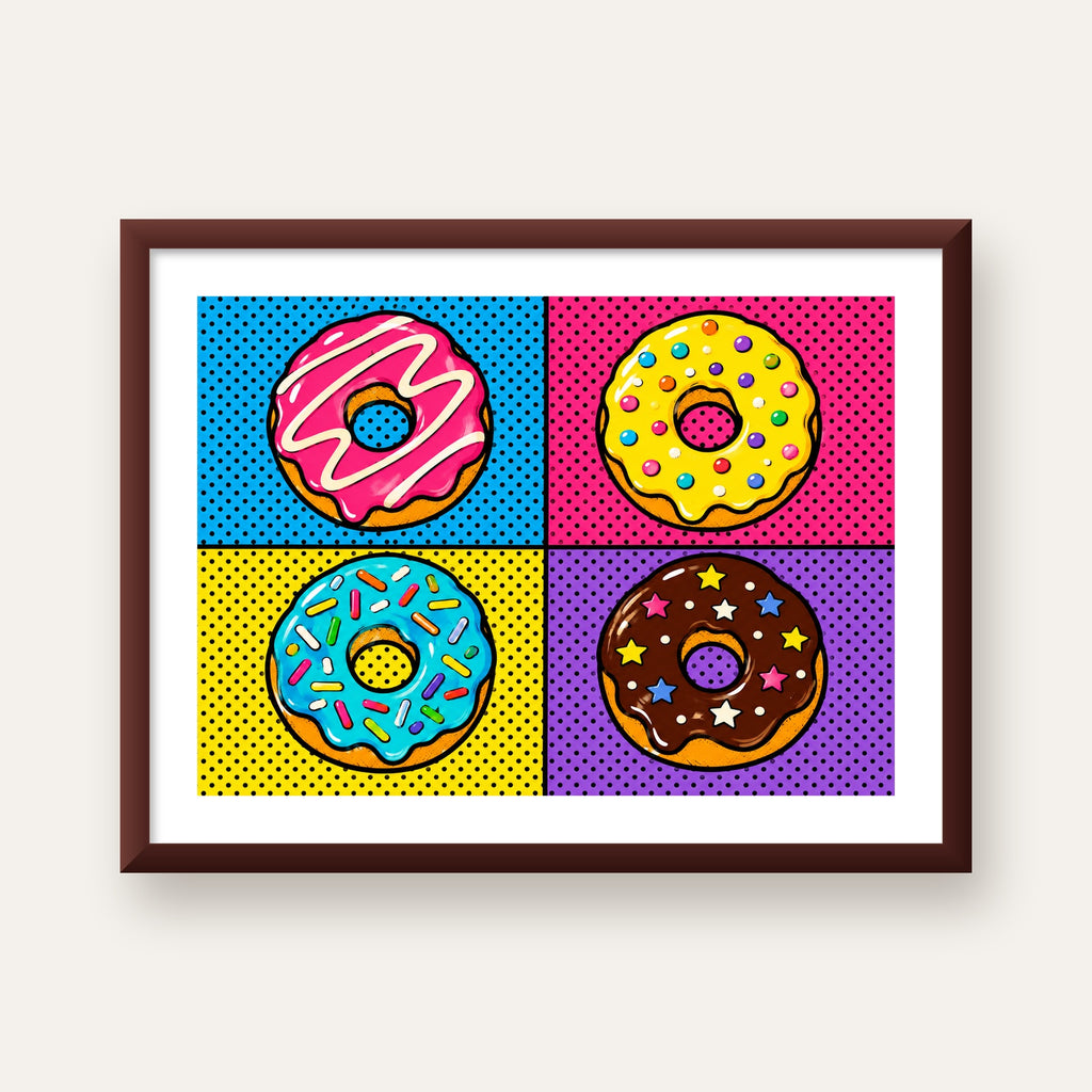 Pop Art Renkli Donutlar Poster - Dijital İllüstrasyon — ceviz çerçeveli paspartulu