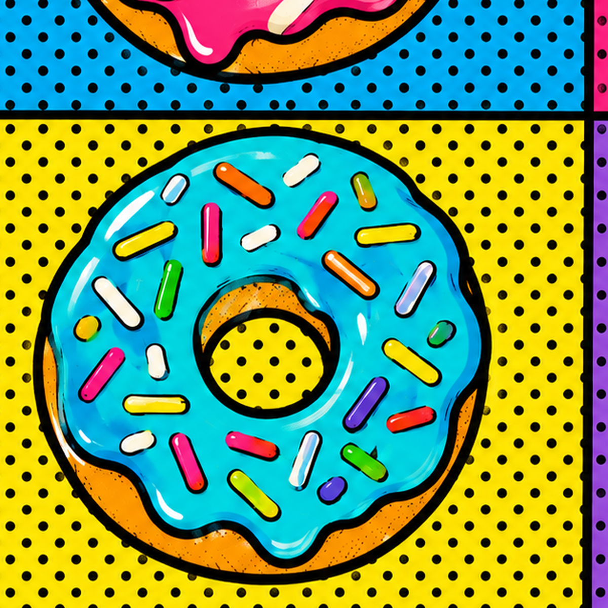 Pop Art Renkli Donutlar Poster - Dijital İllüstrasyon — baskının yakın çekimi, kâğıt dokusu ve renk detayı