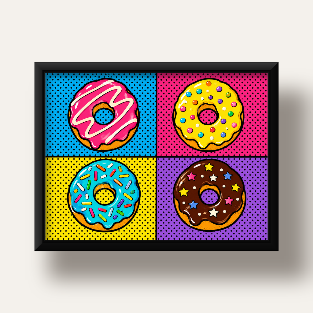 Pop Art Renkli Donutlar Poster - Dijital İllüstrasyon — siyah derin çerçeveli