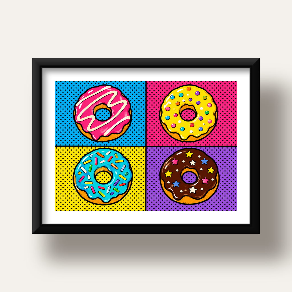 Pop Art Renkli Donutlar Poster - Dijital İllüstrasyon — siyah derin çerçeveli paspartulu