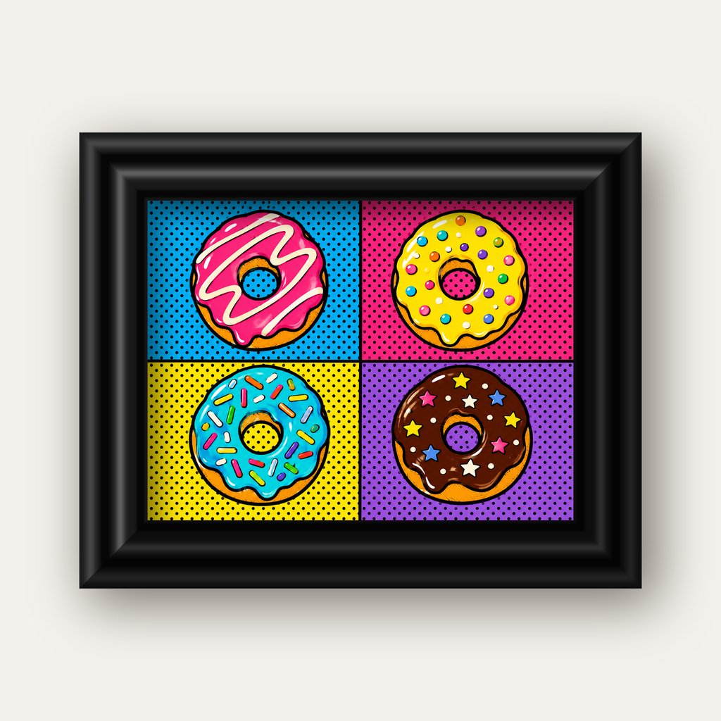Pop Art Renkli Donutlar Poster - Dijital İllüstrasyon — siyah galeri çerçeveli