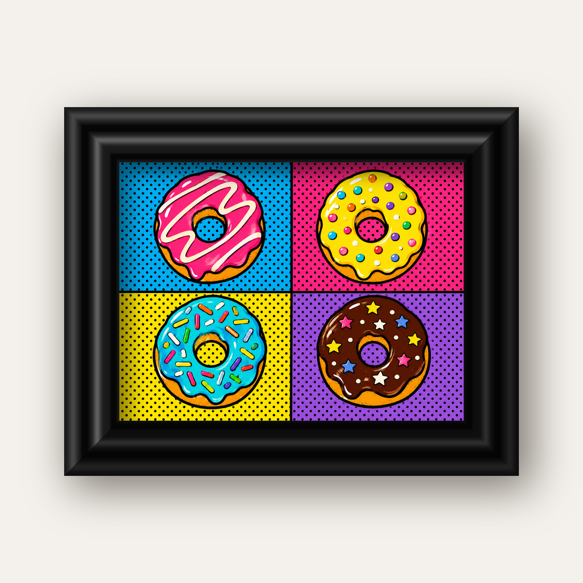 Pop Art Renkli Donutlar Poster - Dijital İllüstrasyon — siyah galeri çerçeveli