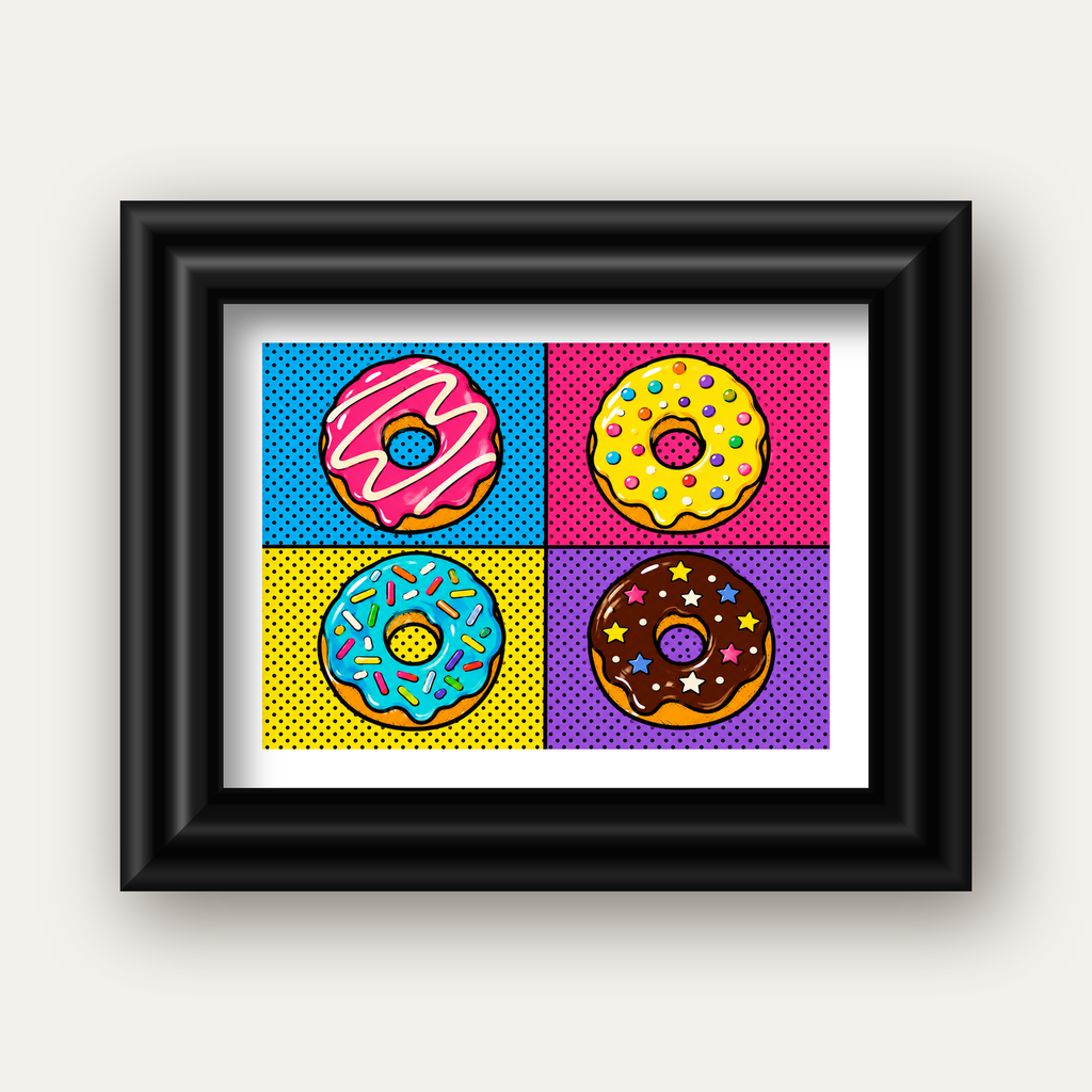 Pop Art Renkli Donutlar Poster - Dijital İllüstrasyon — siyah galeri çerçeveli paspartulu