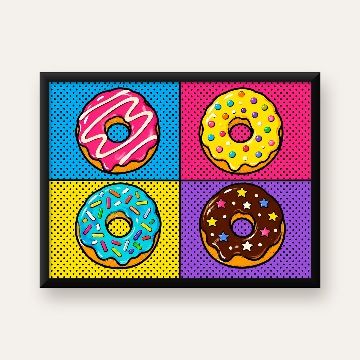Pop Art Renkli Donutlar Poster - Dijital İllüstrasyon — Yatay baskı, düz siyah çerçeveli duvar posteri