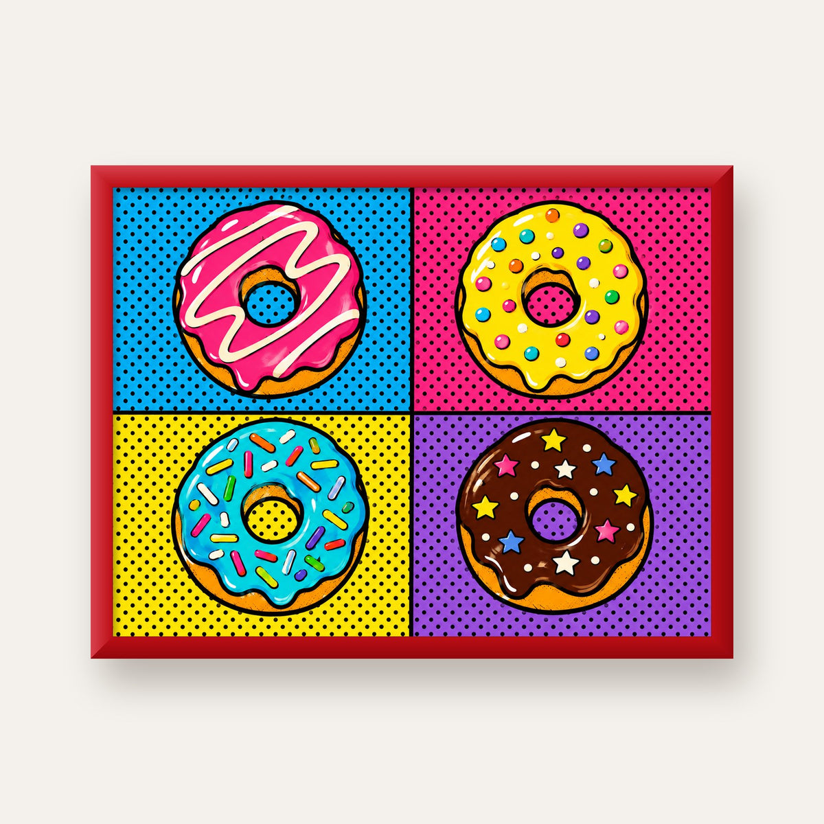 Pop Art Renkli Donutlar Poster - Dijital İllüstrasyon — kırmızı çerçeveli