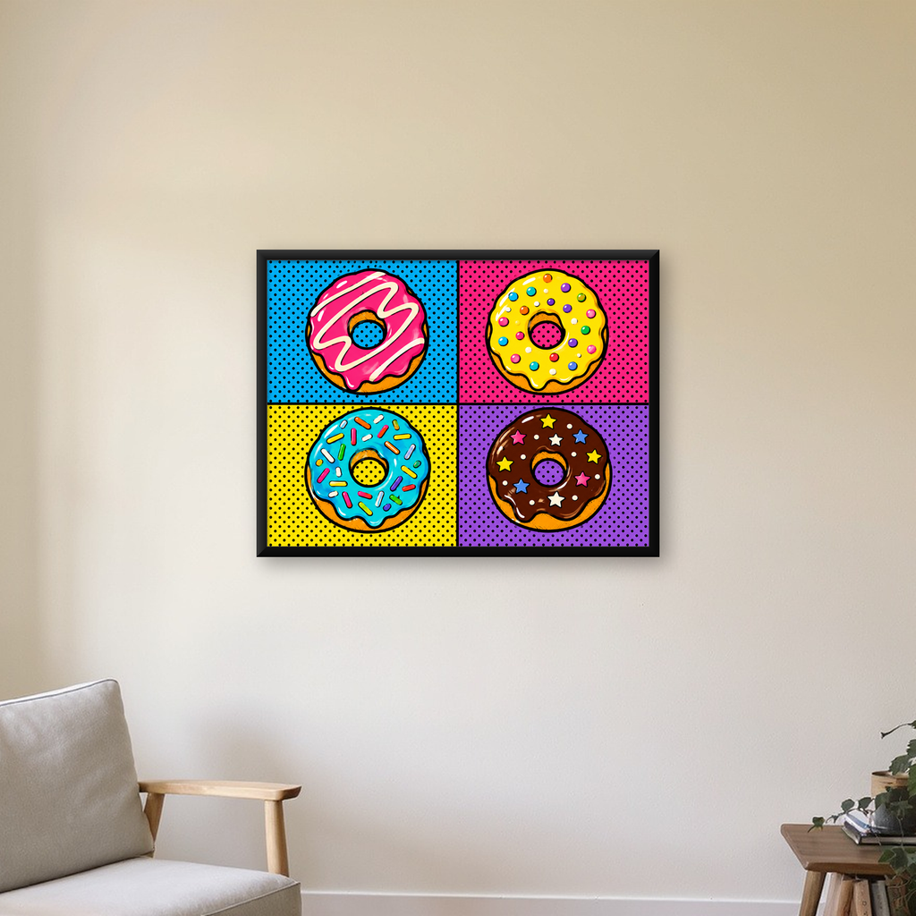 Pop Art Renkli Donutlar Poster - Dijital İllüstrasyon — Yatay baskı, çerçeveli hâliyle bir ev duvarında