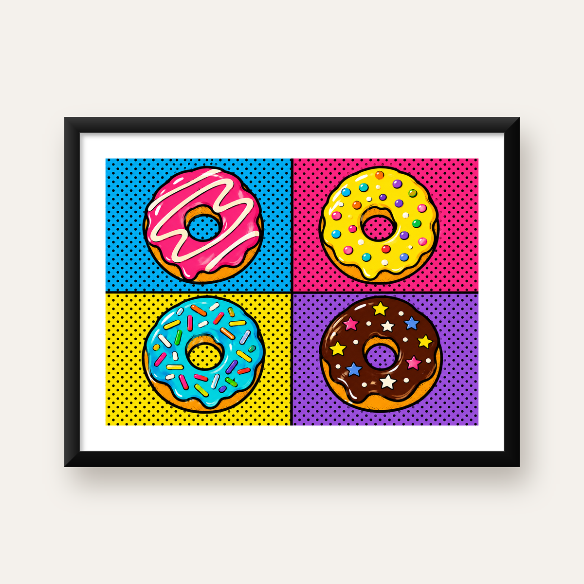 Pop Art Renkli Donutlar Poster - Dijital İllüstrasyon — Yatay baskı, beyaz paspartulu
