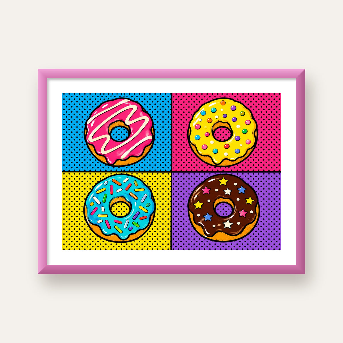 Pop Art Renkli Donutlar Poster - Dijital İllüstrasyon — pembe çerçeveli paspartulu