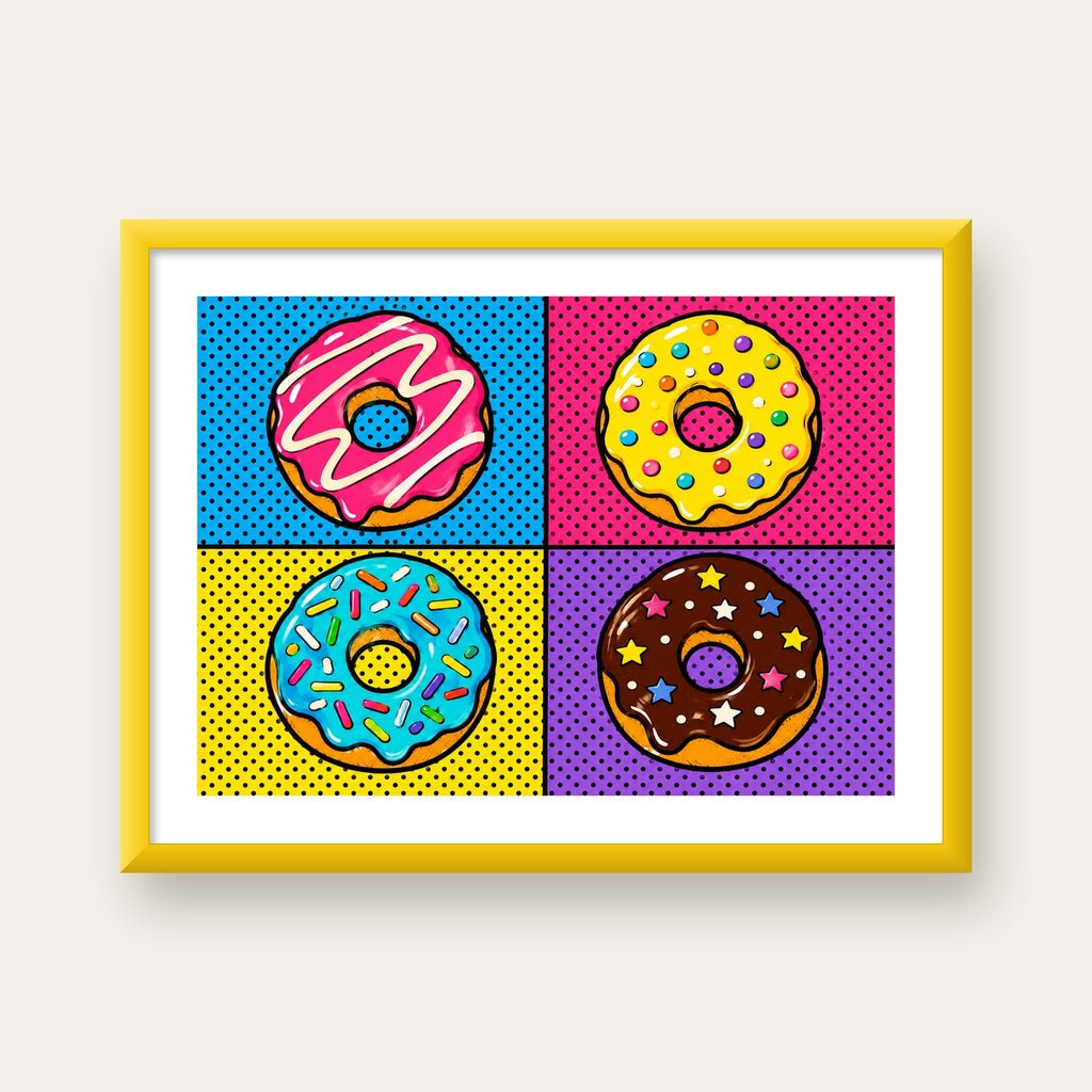 Pop Art Renkli Donutlar Poster - Dijital İllüstrasyon — sarı çerçeveli paspartulu