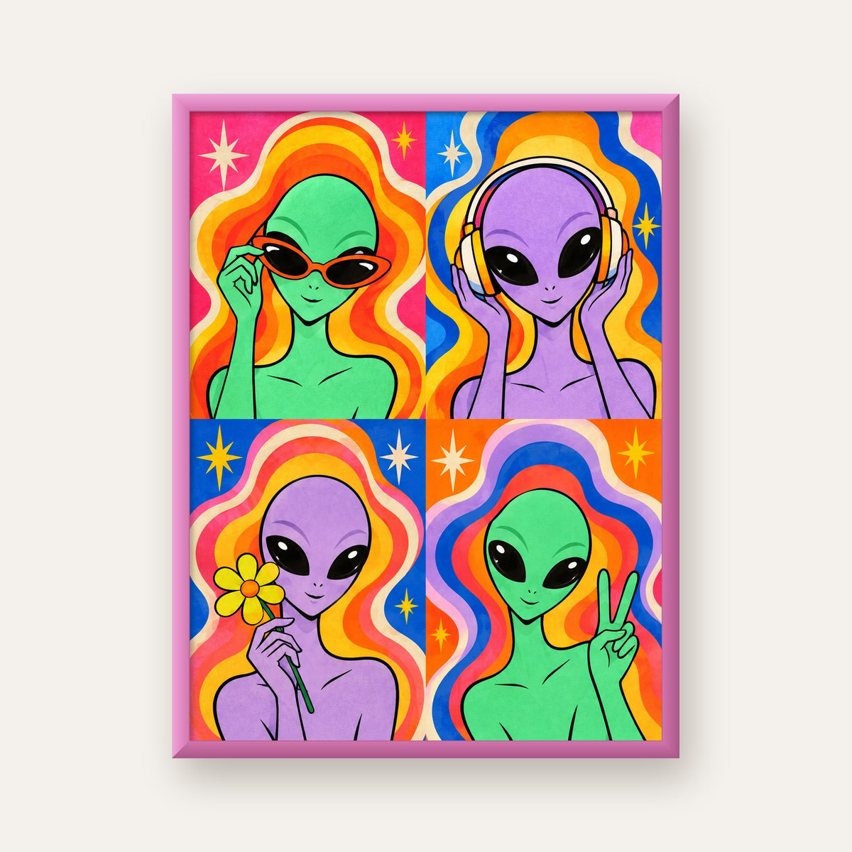Retro Uzaylı Portreleri – Renkli Çizgi Roman Poster — pembe çerçeveli