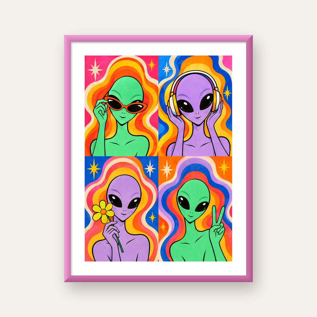 Retro Uzaylı Portreleri – Renkli Çizgi Roman Poster — pembe çerçeveli paspartulu