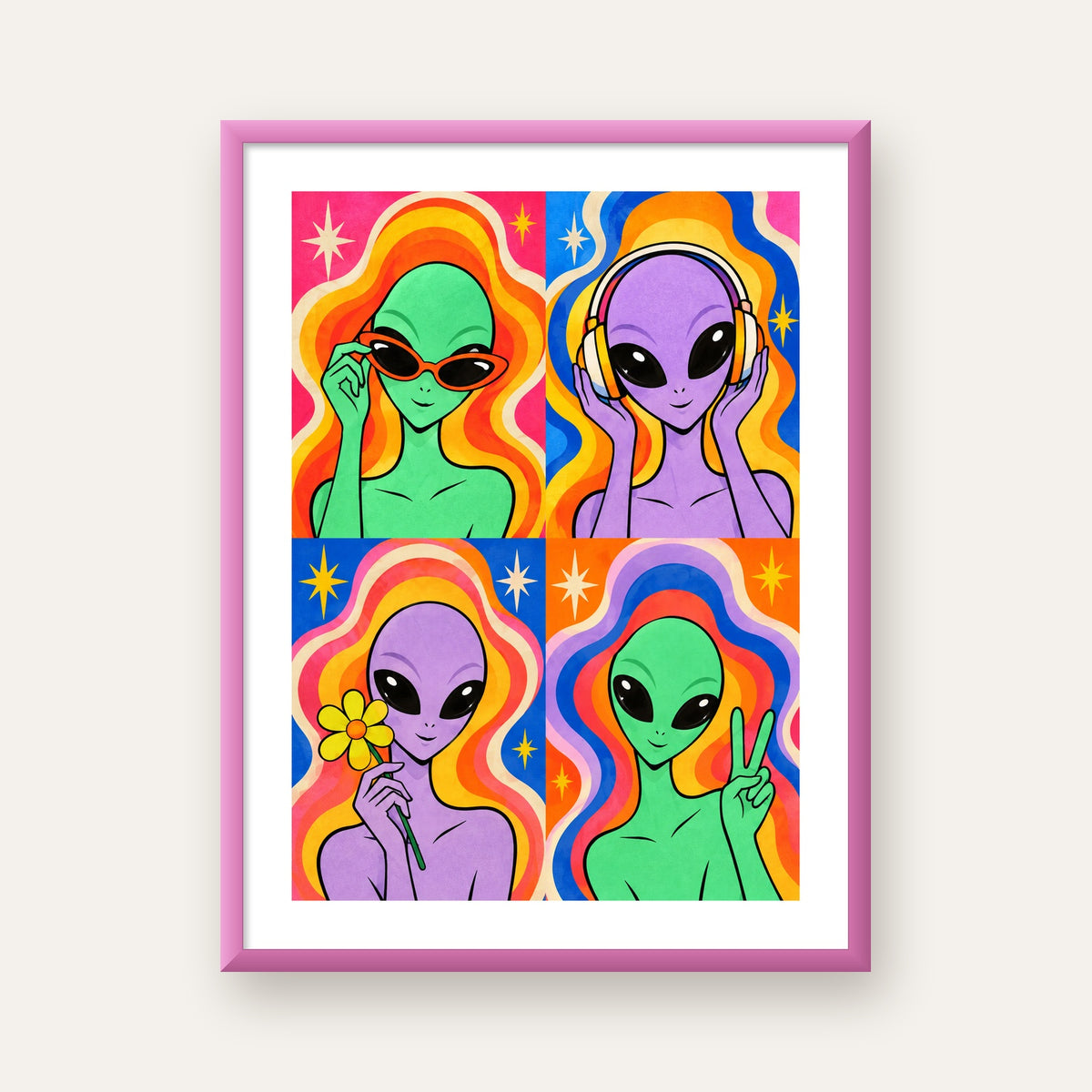 Retro Uzaylı Portreleri – Renkli Çizgi Roman Poster — pembe çerçeveli paspartulu