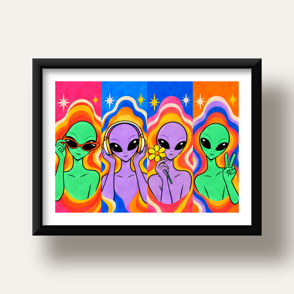 Retro Uzaylı Portreleri – Renkli Çizgi Roman Poster — siyah derin çerçeveli paspartulu